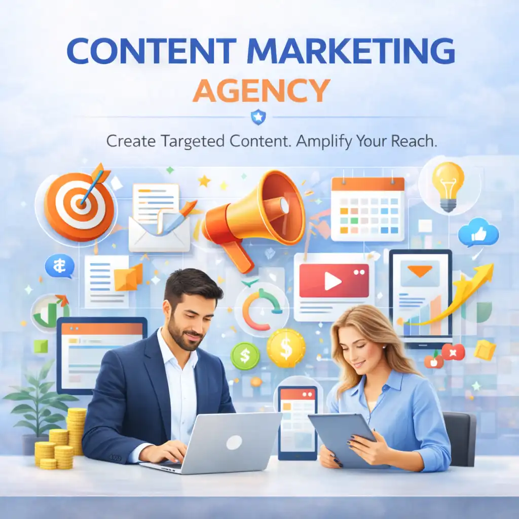 Content Marketing Agency for SEO Content and Brand Growth Content marketing agency illustration with team, content publishing elements, campaign planning, analytics, and brand growth visuals