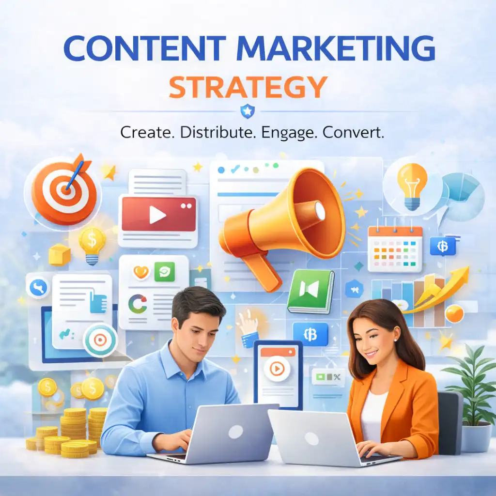 Content Marketing Strategy Services for SEO and Lead Growth Content marketing strategy illustration with content planning icons, publishing workflow, audience targeting, analytics, and lead growth visuals