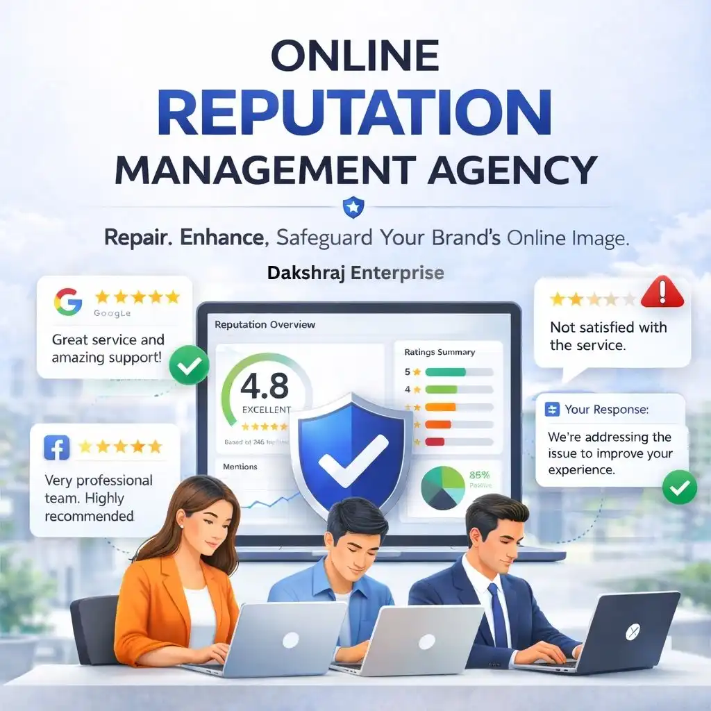 Online Reputation Management Agency for Review and Brand Control Online reputation management agency illustration with team, reputation dashboard, review response elements, and brand trust graphics