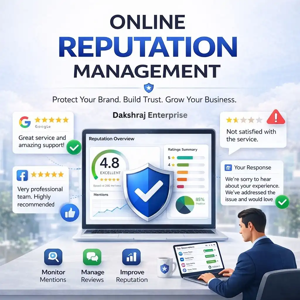 Online Reputation Management Services for Brand Protection Online reputation management services illustration with review dashboard, shield icon, reputation monitoring, and brand protection visuals